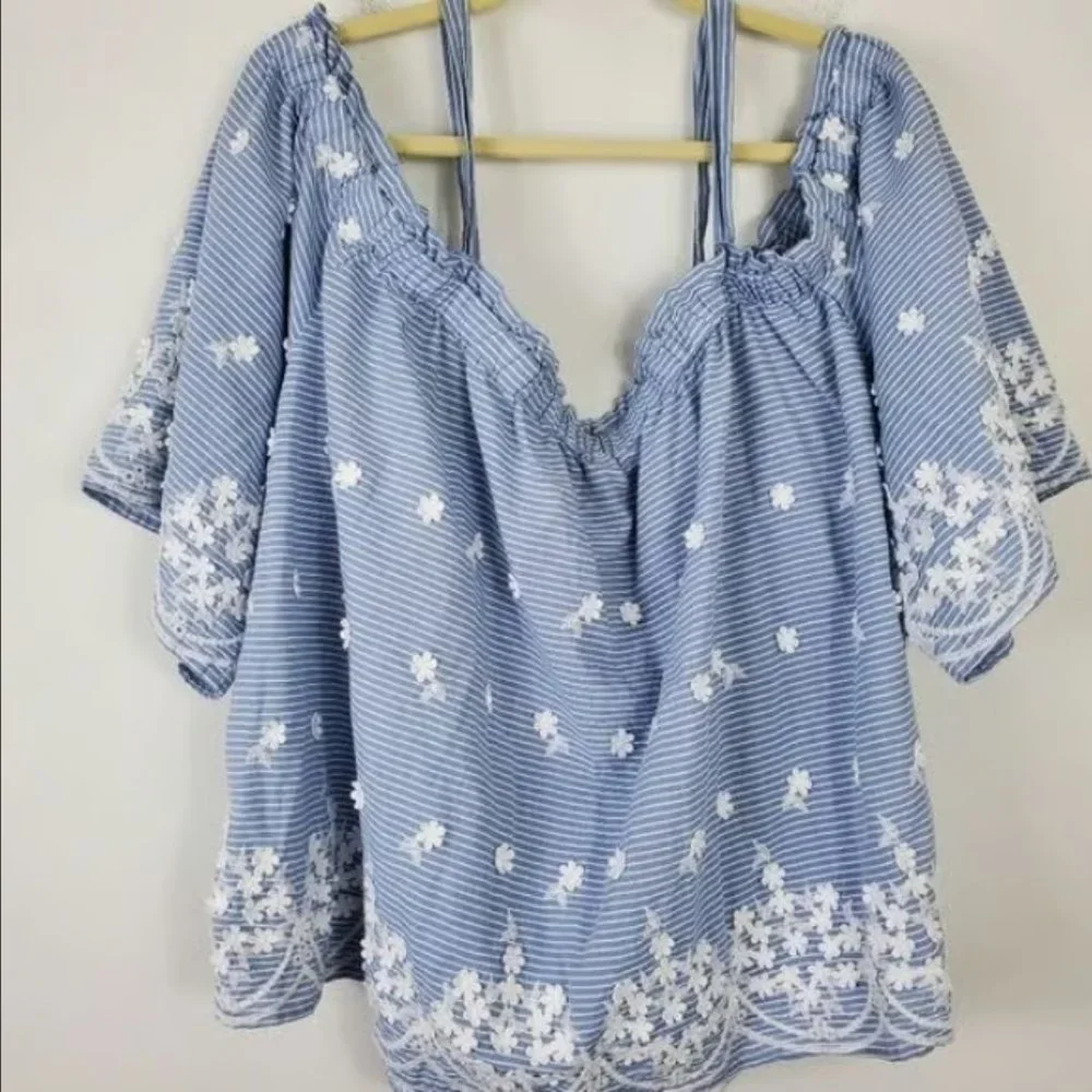 A New Day Off Shoulder Embroidered Top Womens Size 4X Blue & White Stripe Blouse - Picture 2 of 3